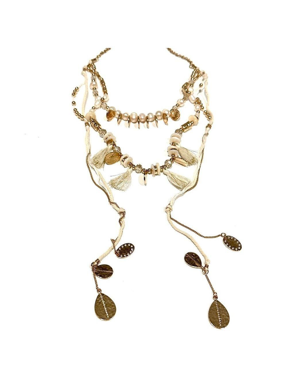 WHITE HOUSE BLACK MARKET Boho Luxe White & Gold Teardrop Layered Necklace | NWT - Picture 2 of 11